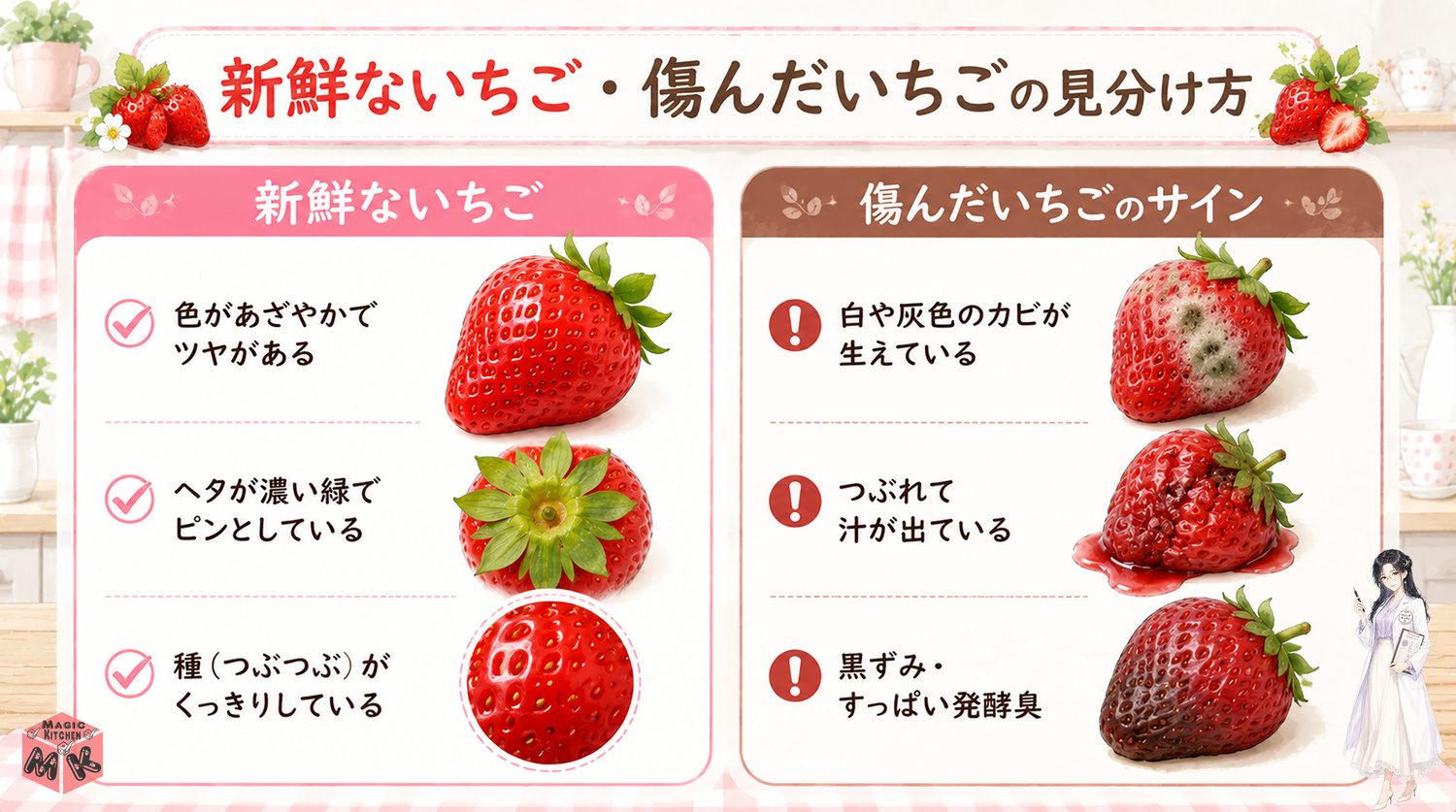 新鮮ないちごと傷んだいちごの見分け方