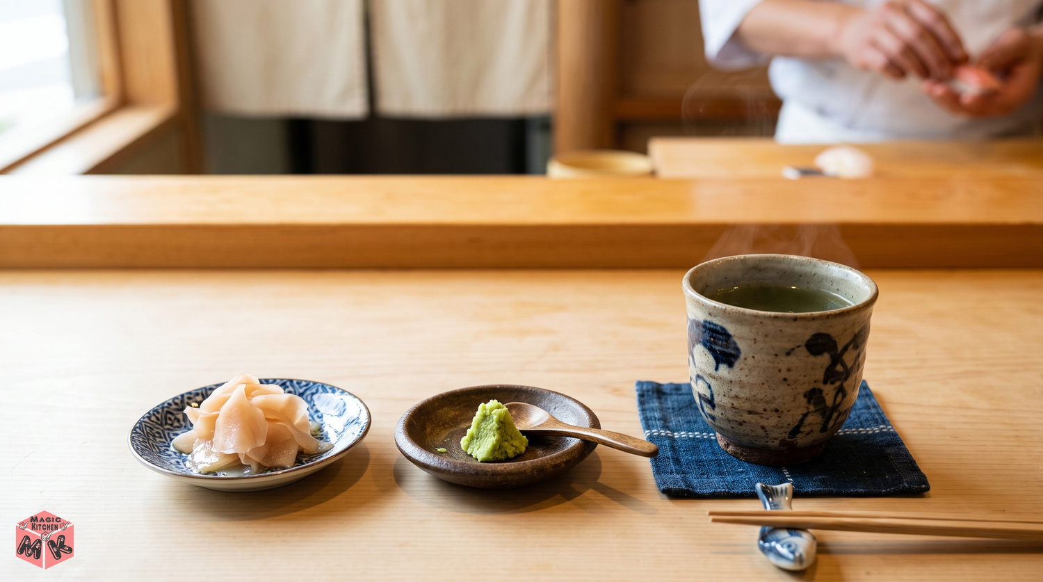 寿司のガリとわさびとお茶