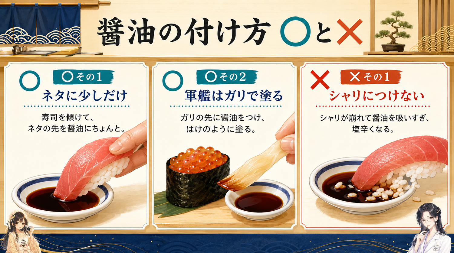 寿司の醤油とわさびの付け方