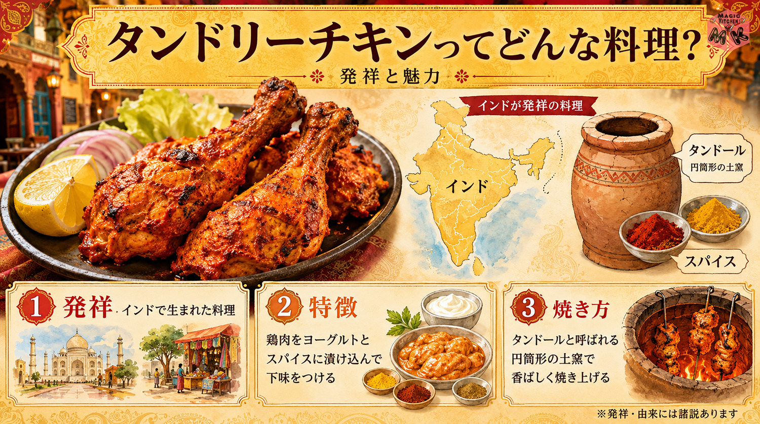 タンドリーチキンの発祥と由来を示す図解