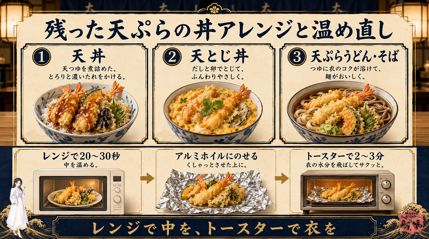 残った天ぷらの丼アレンジと温め直しの図解