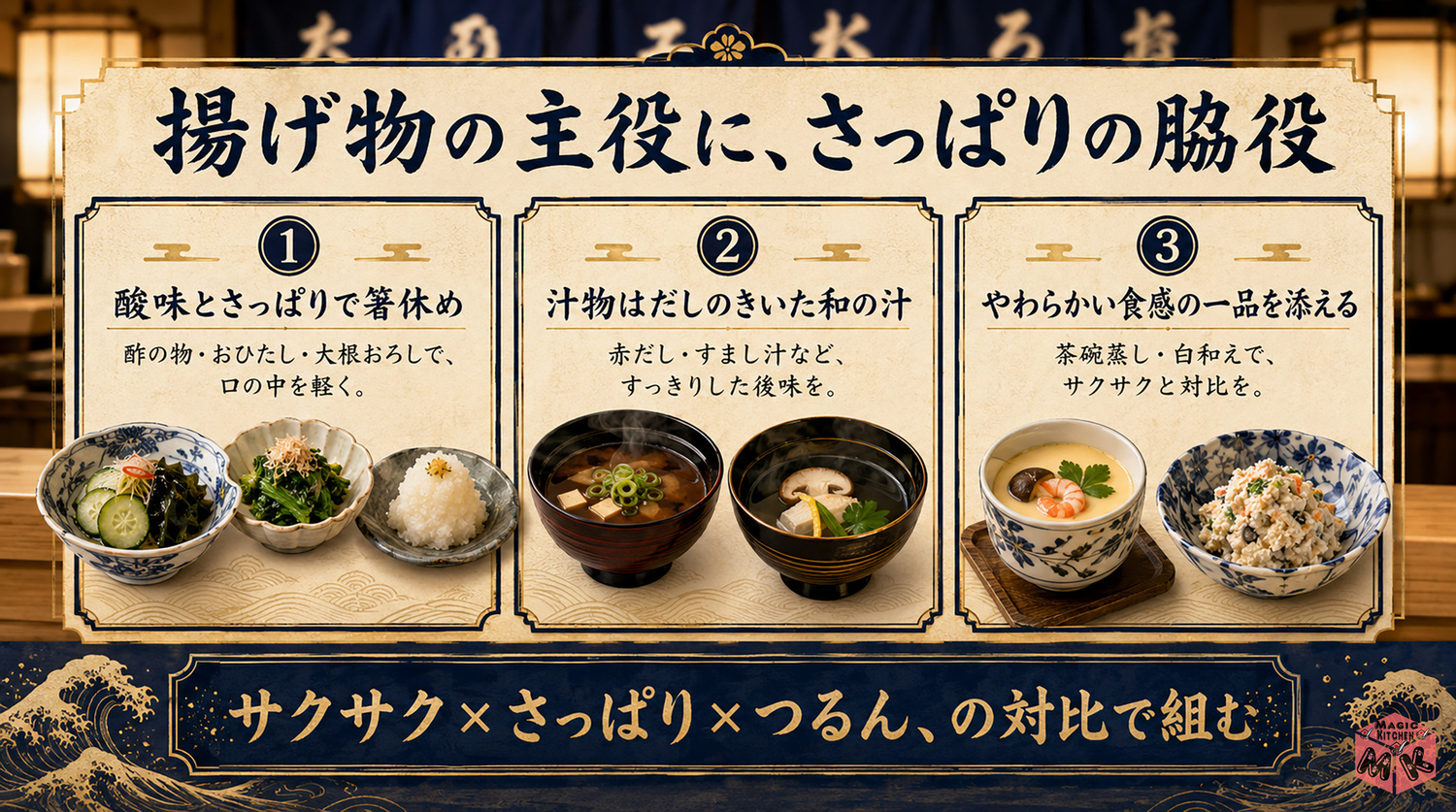 天ぷらに合う献立の考え方3つのポイントの図解