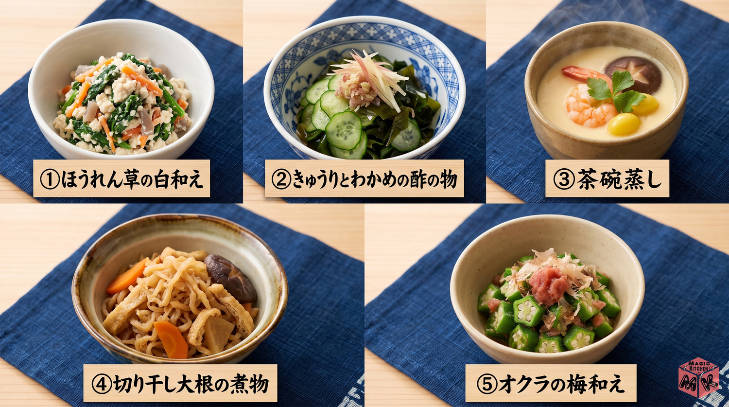 天ぷらに合う副菜5選の料理写真コラージュ