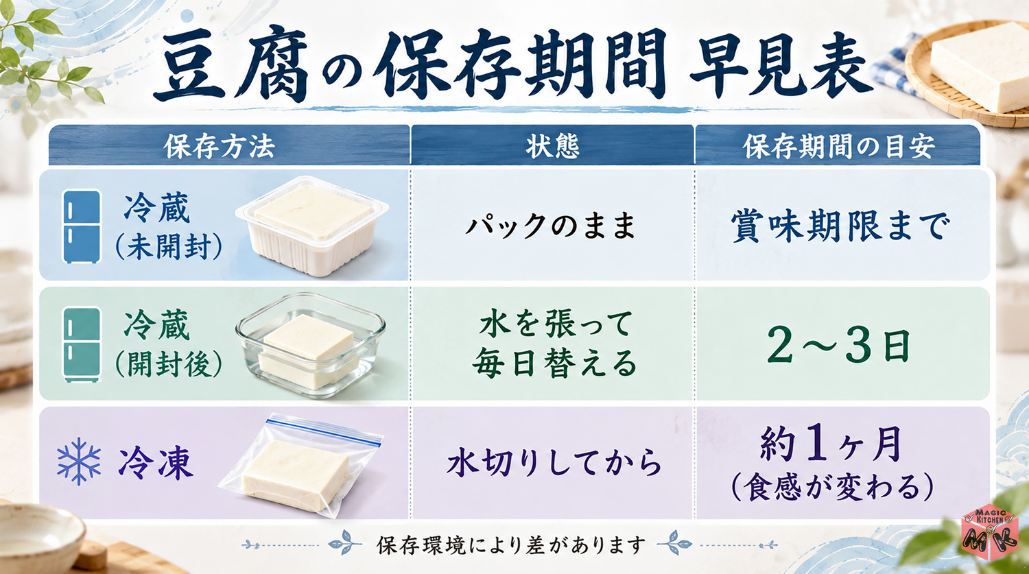 豆腐の保存期間早見表