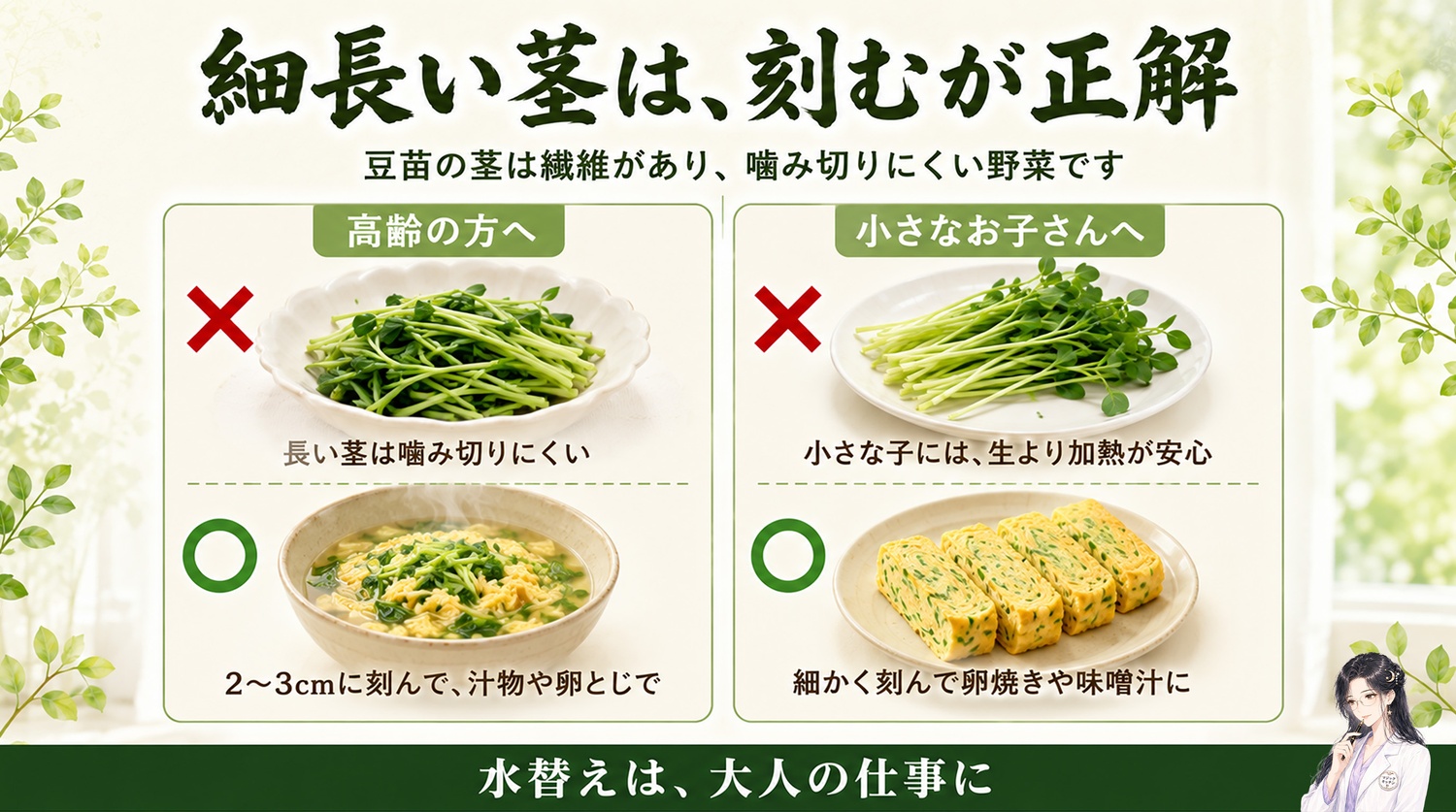 高齢者や子供にやさしい豆苗の出し方の図解