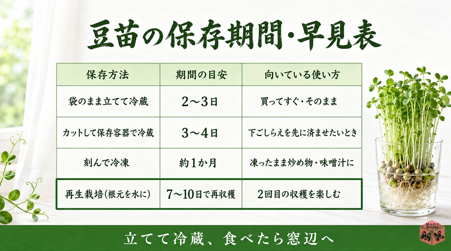 豆苗の保存期間早見表の図解