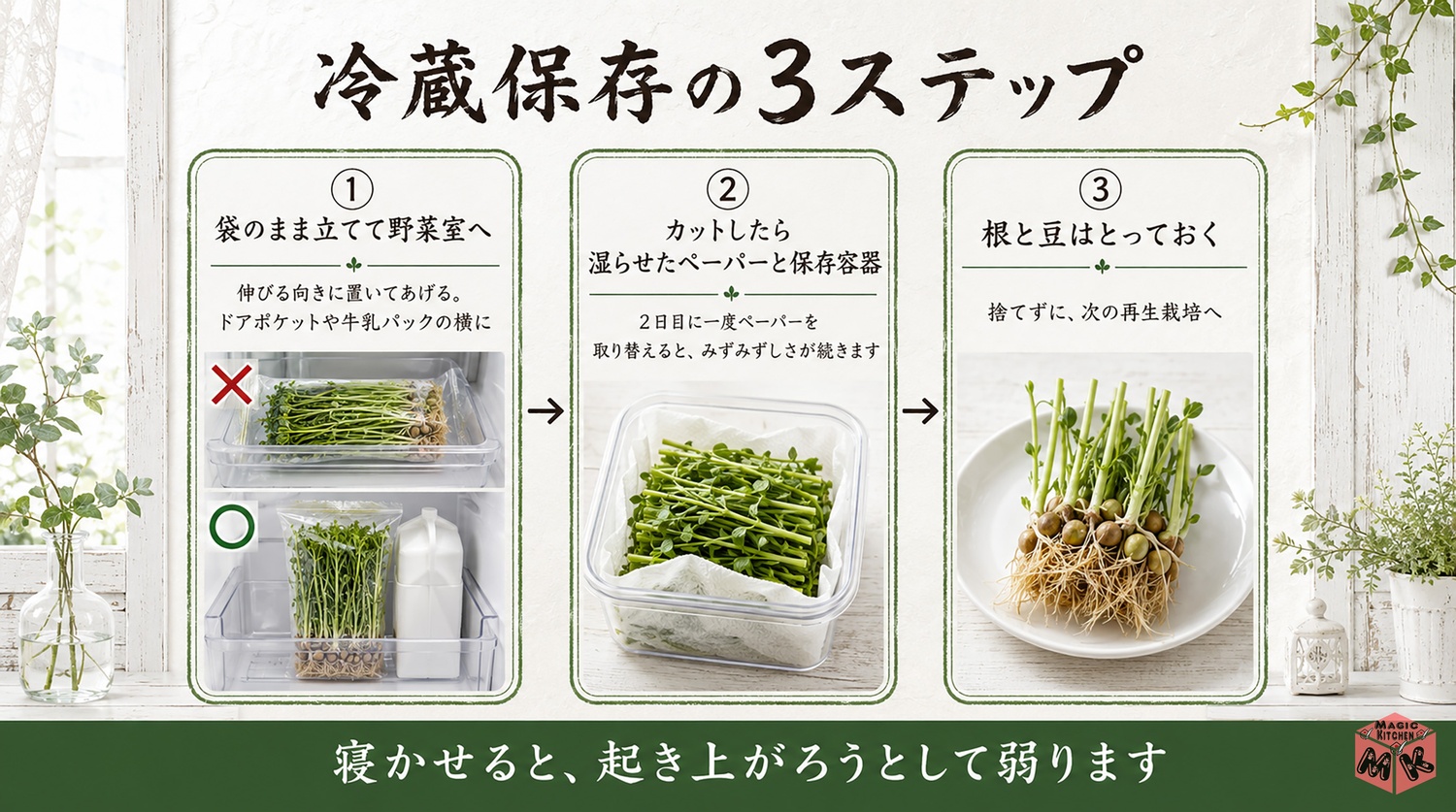 豆苗を立てて冷蔵保存する3ステップの工程図
