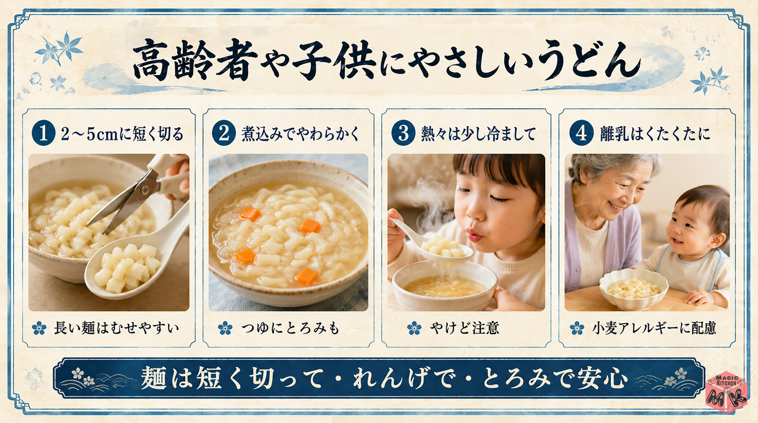 高齢者や子供にやさしいうどんの工夫の図解