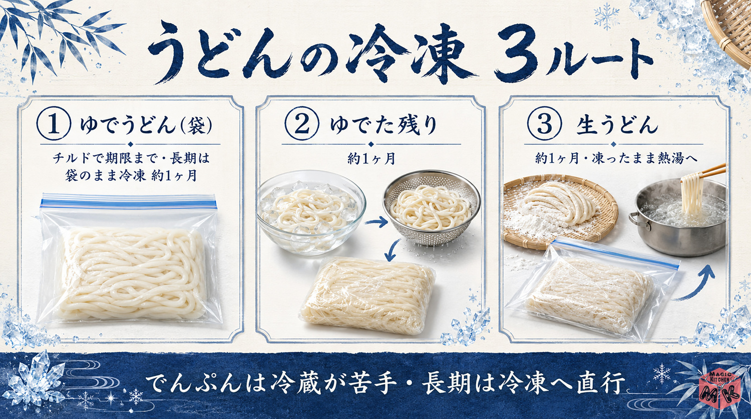 うどんの冷凍保存の全体像インフォグラフィック