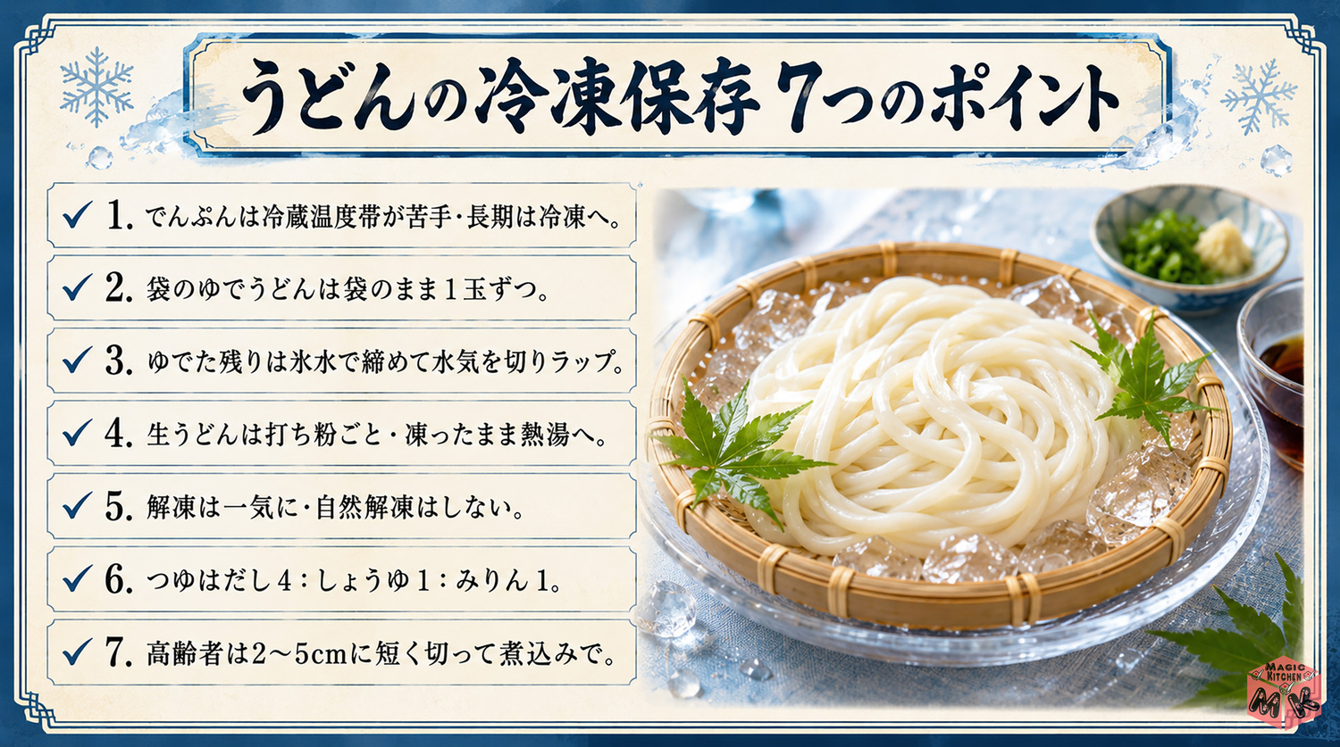 うどんの冷凍保存の7つのポイントまとめビジュアル