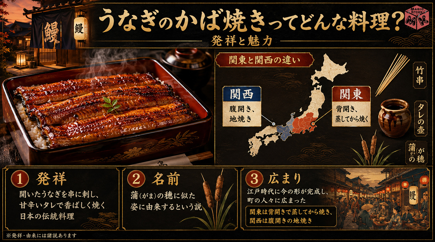 うなぎのかば焼きの発祥と由来を示す図解