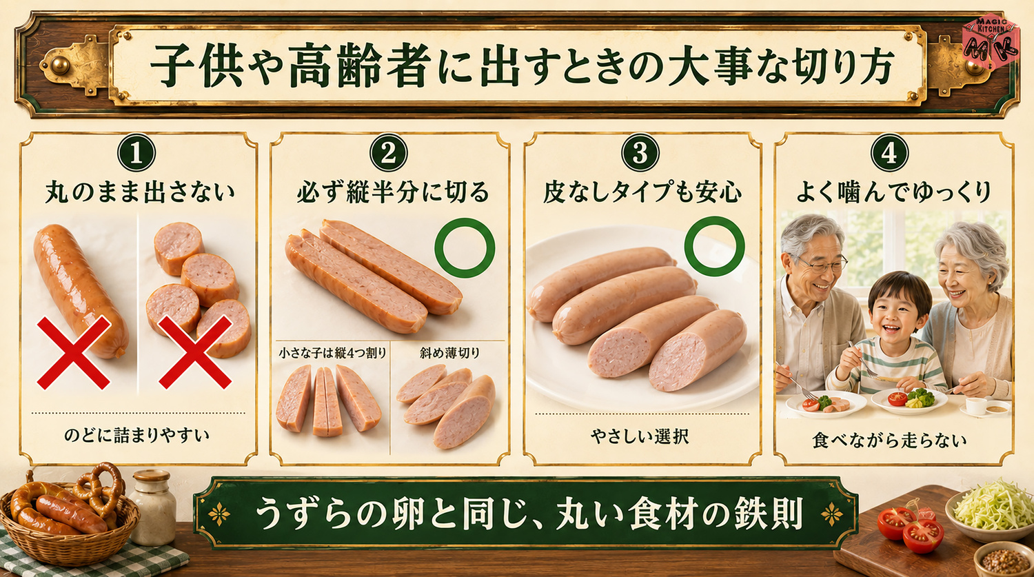 子供や高齢者に出すウインナーの切り方の図解