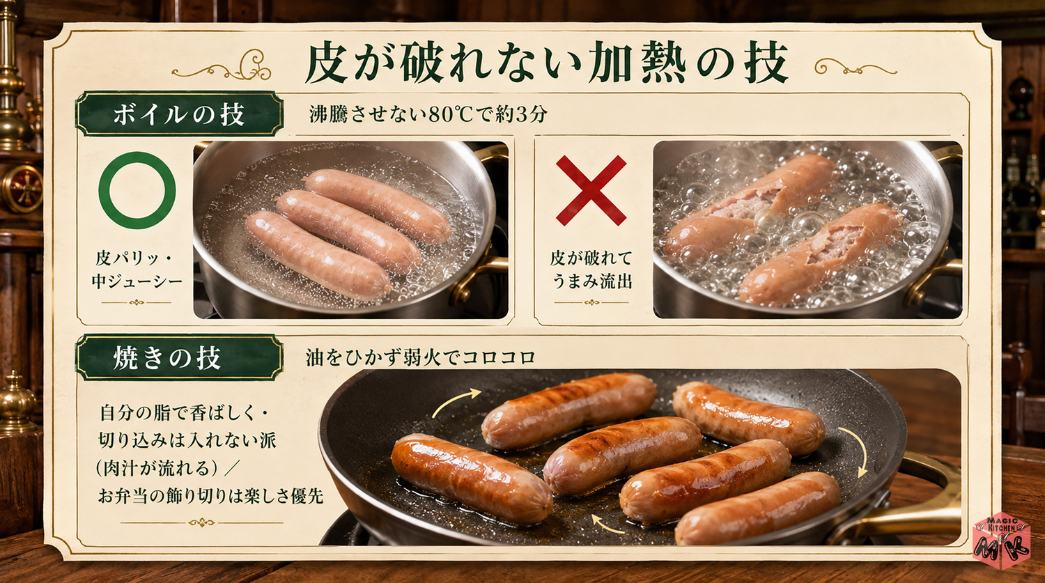 皮が破れないウインナーのおいしい加熱の技の図解