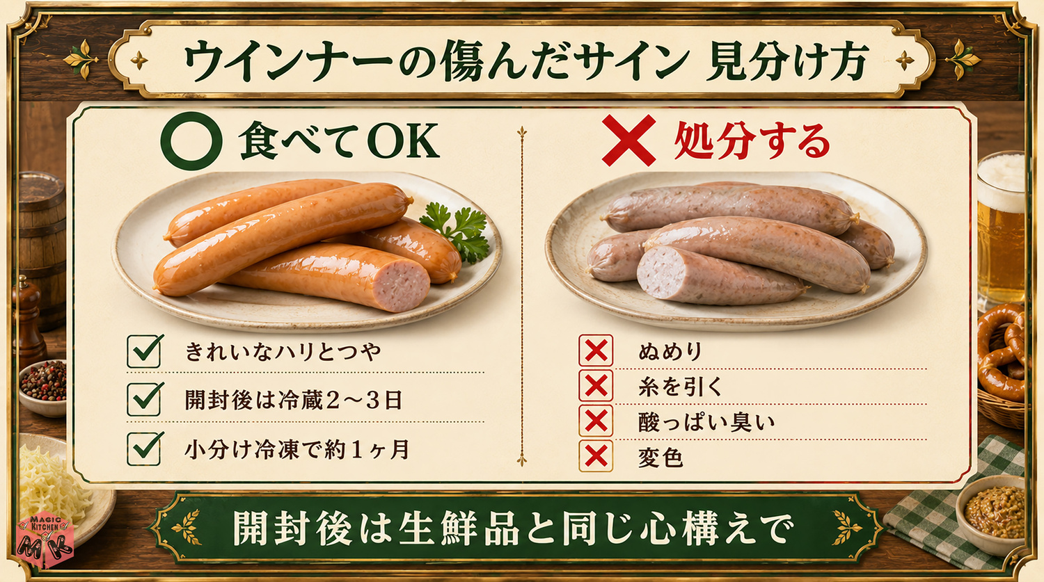 ウインナーの傷んだサインとやってはいけない保存の見分け図