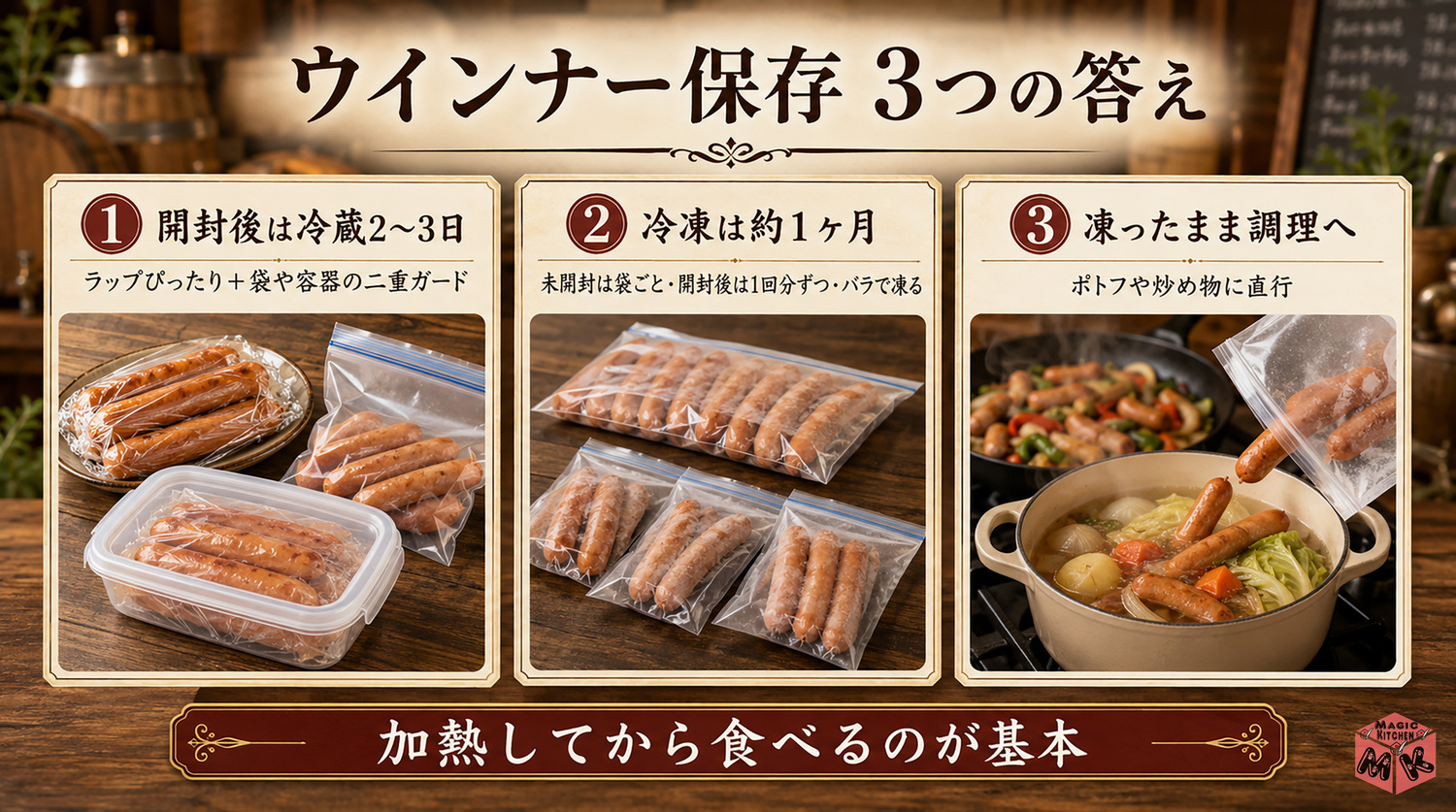 ウインナーの保存方法の全体像インフォグラフィック