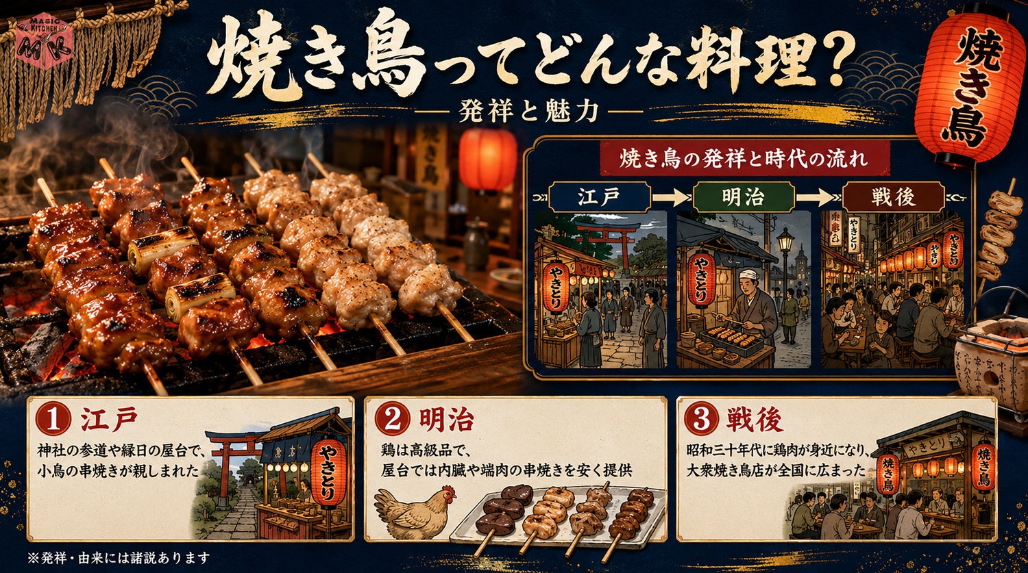 焼き鳥の発祥と由来を示す図解