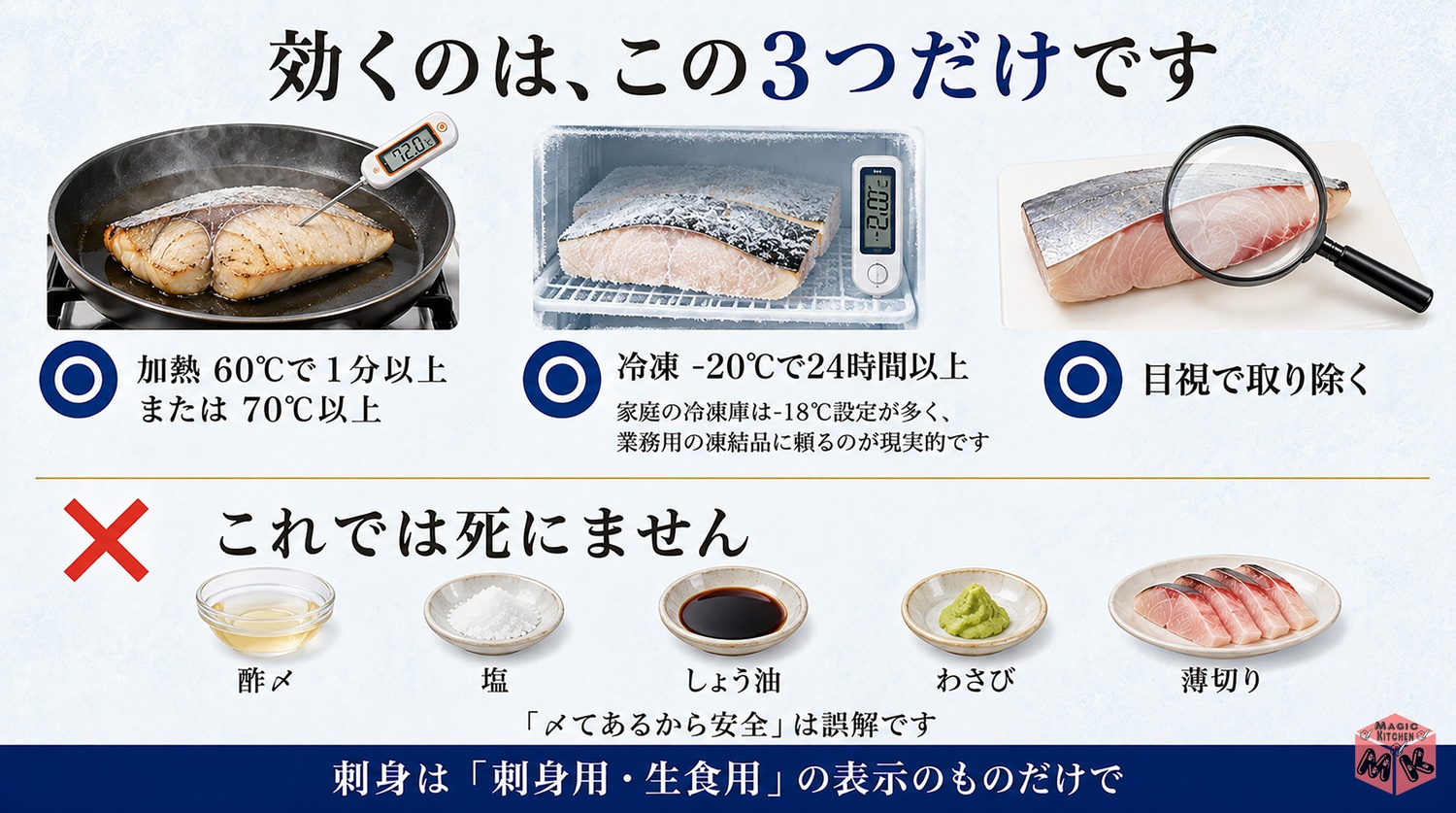ぶりを生で食べるときの約束の図解（加熱60度1分以上・冷凍マイナス20度24時間以上・目視）