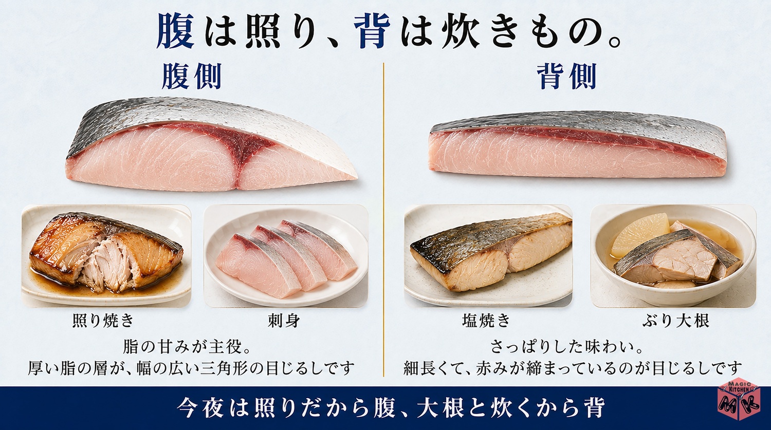 ぶりの切り身の部位の使い分けの図解（腹と背）