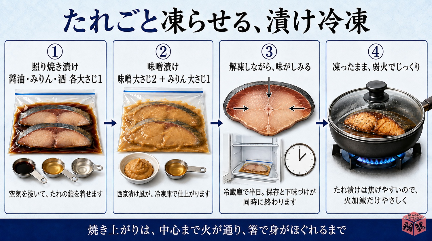 ぶりのたれごと凍らせる漬け冷凍4ステップの図解（照り焼き漬けと味噌漬け）