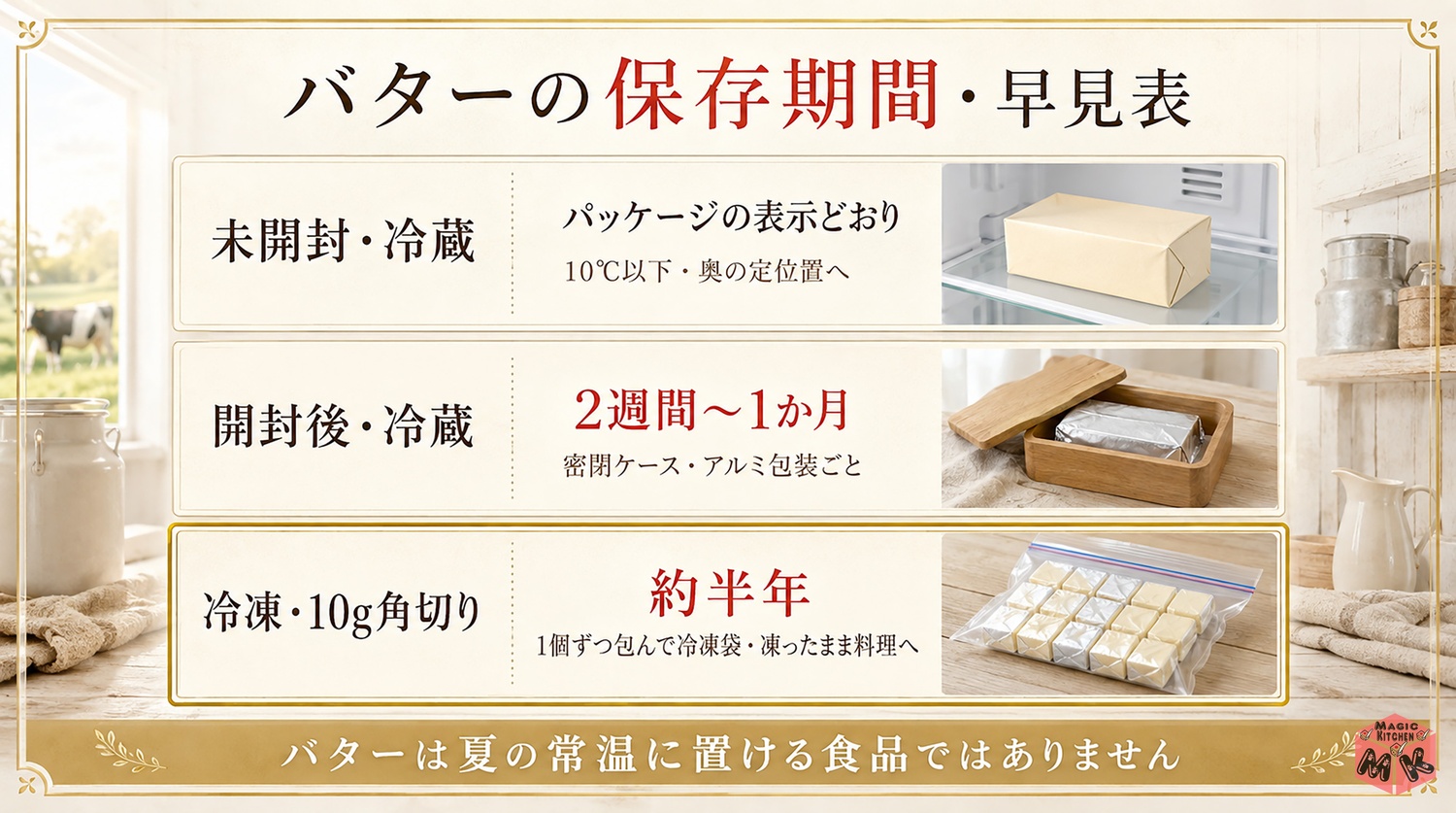 バターの保存期間早見表(未開封冷蔵・開封後2週間〜1か月・冷凍約半年)の図解
