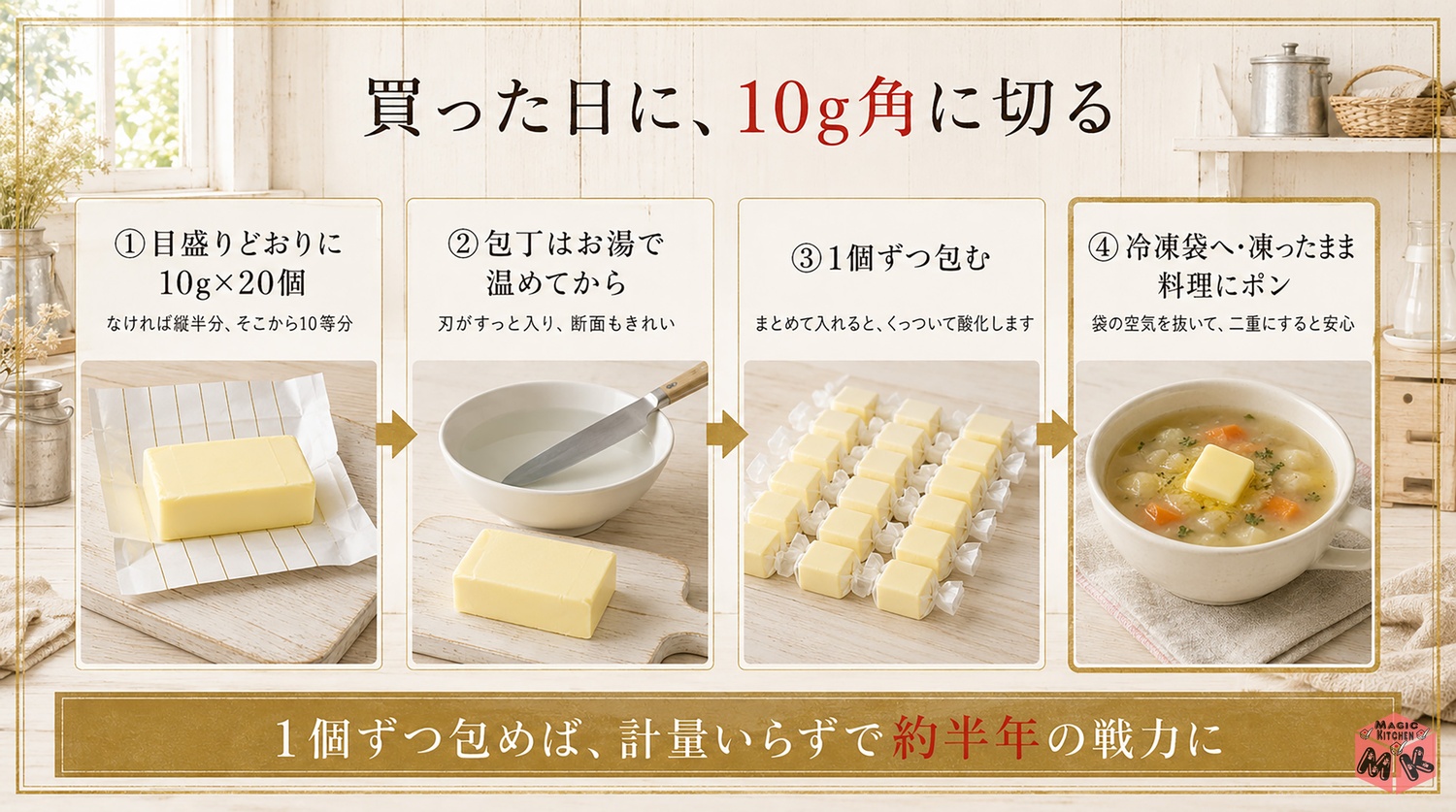バターを買った日に10g角に切って冷凍する4ステップの工程図