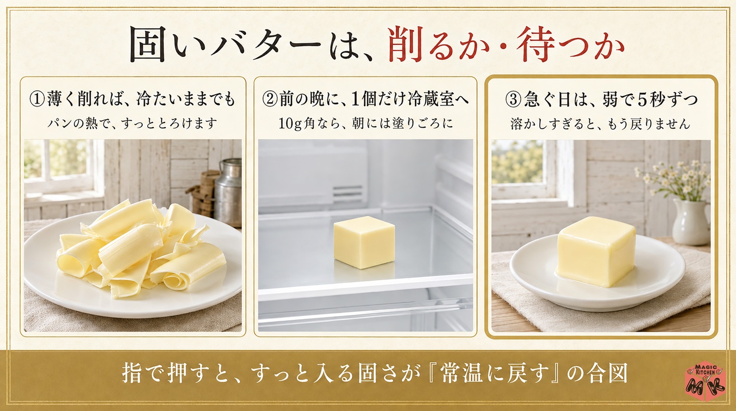 固いバターを塗るための3つの方法(薄く削る・前の晩に冷蔵室・レンジ弱で5秒)の図解