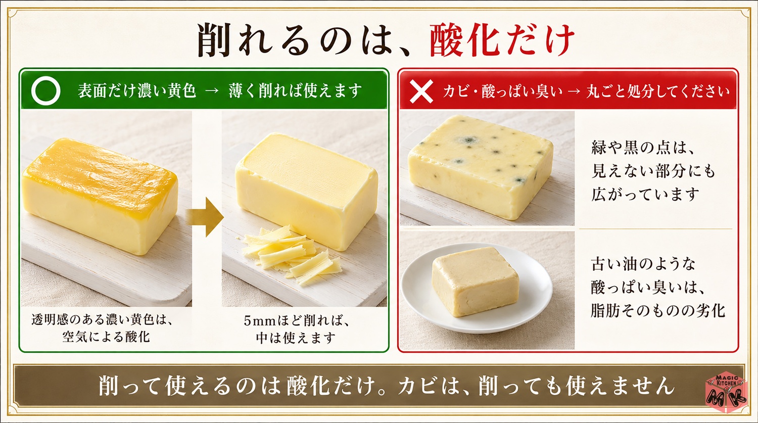 バターの酸化とカビの見分け方(削れるのは酸化だけ)の図解