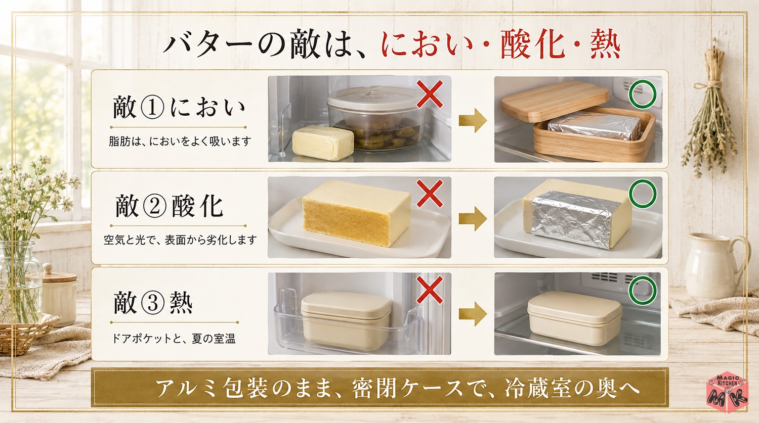 バターの3つの敵(におい・酸化・熱)と対策の図解