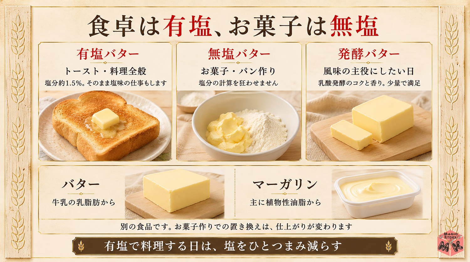 有塩バターと無塩バターと発酵バターの使い分け、マーガリンとの違いの図解