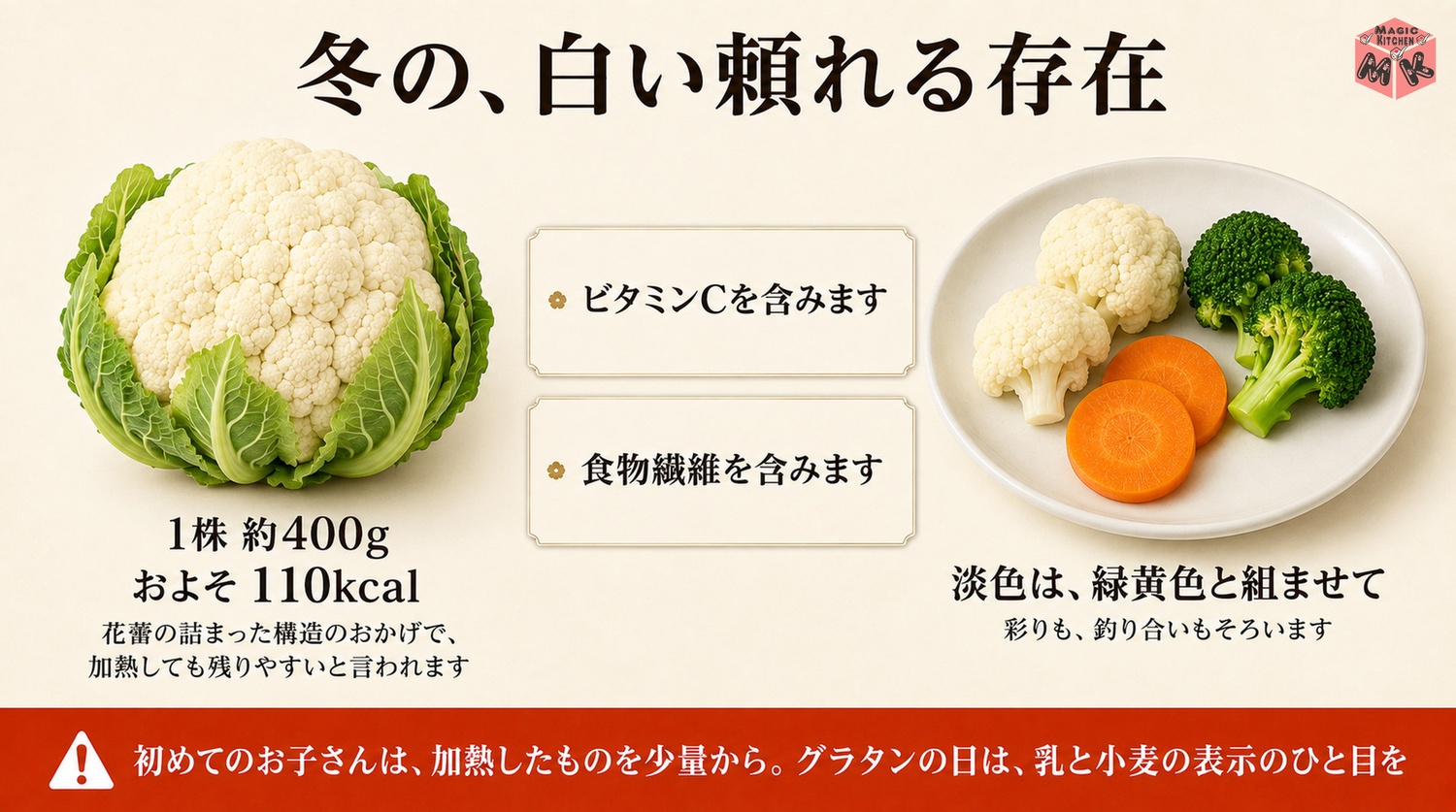 カリフラワーはビタミンCと食物繊維を含む冬野菜の図解