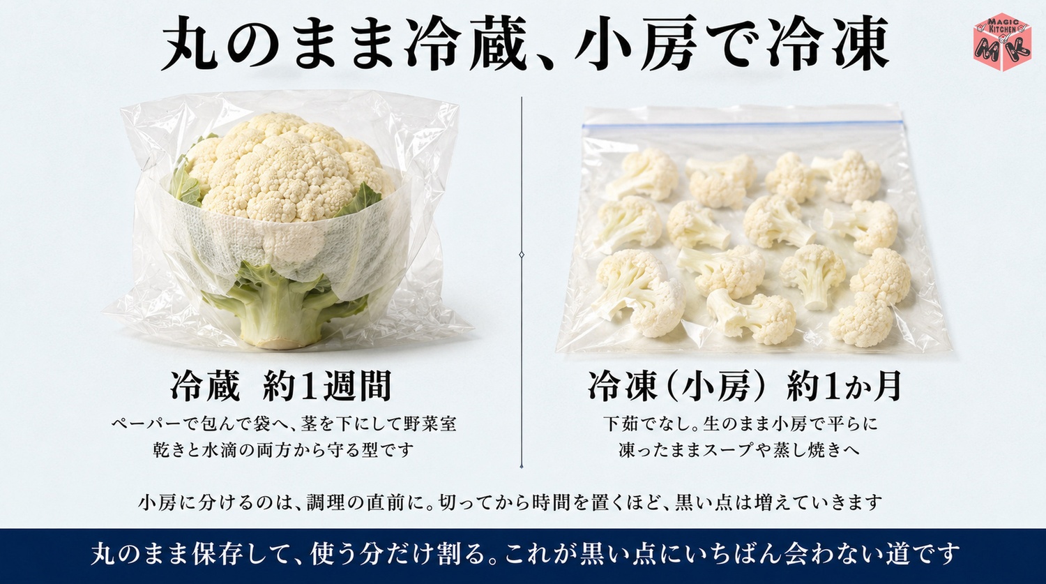 カリフラワーの保存期間早見表の図解