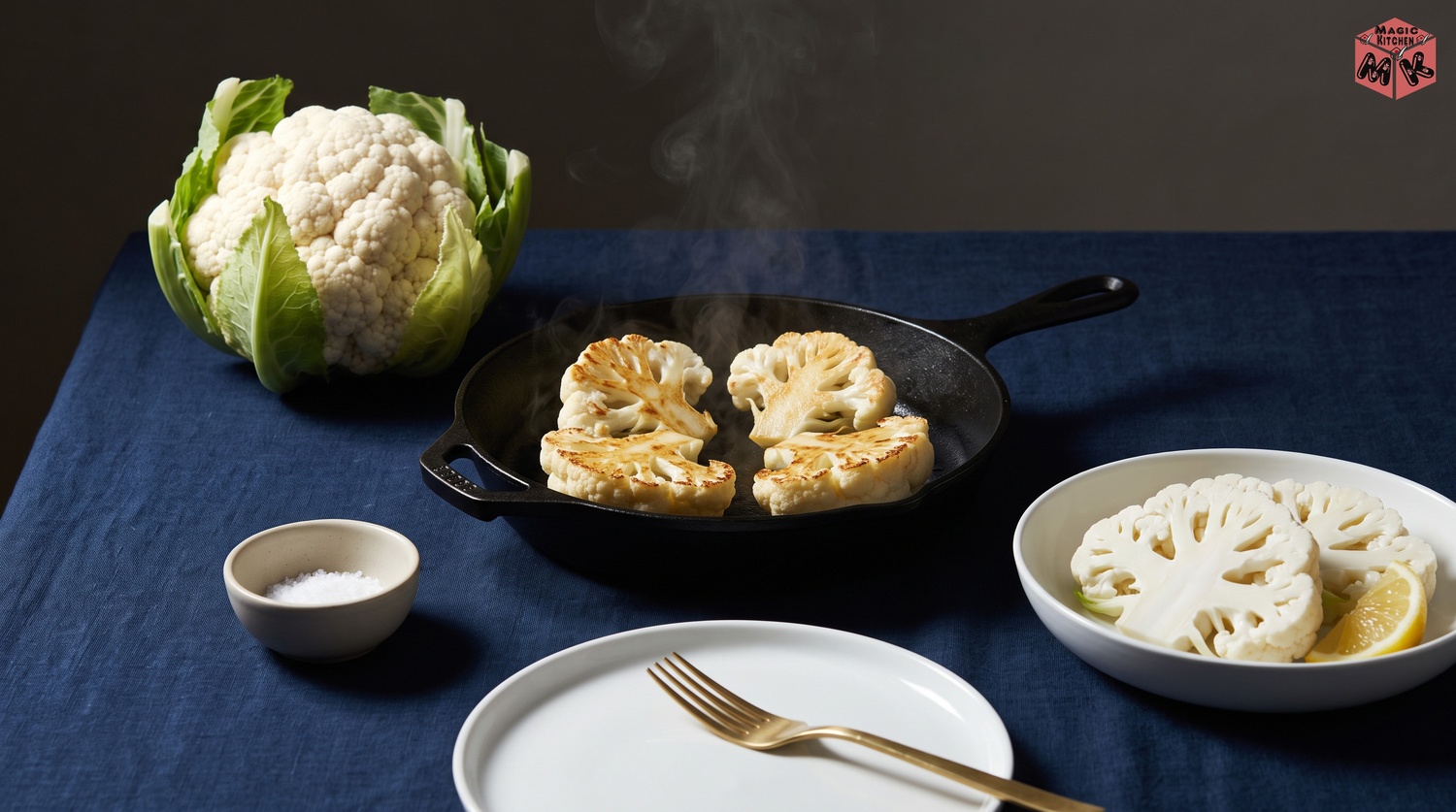 カリフラワーの株と蒸し焼きとサラダの冬の食卓イメージ