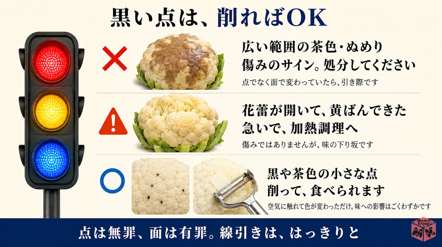 カリフラワーの黒い点は酸化で削れば食べられる見分けの図解