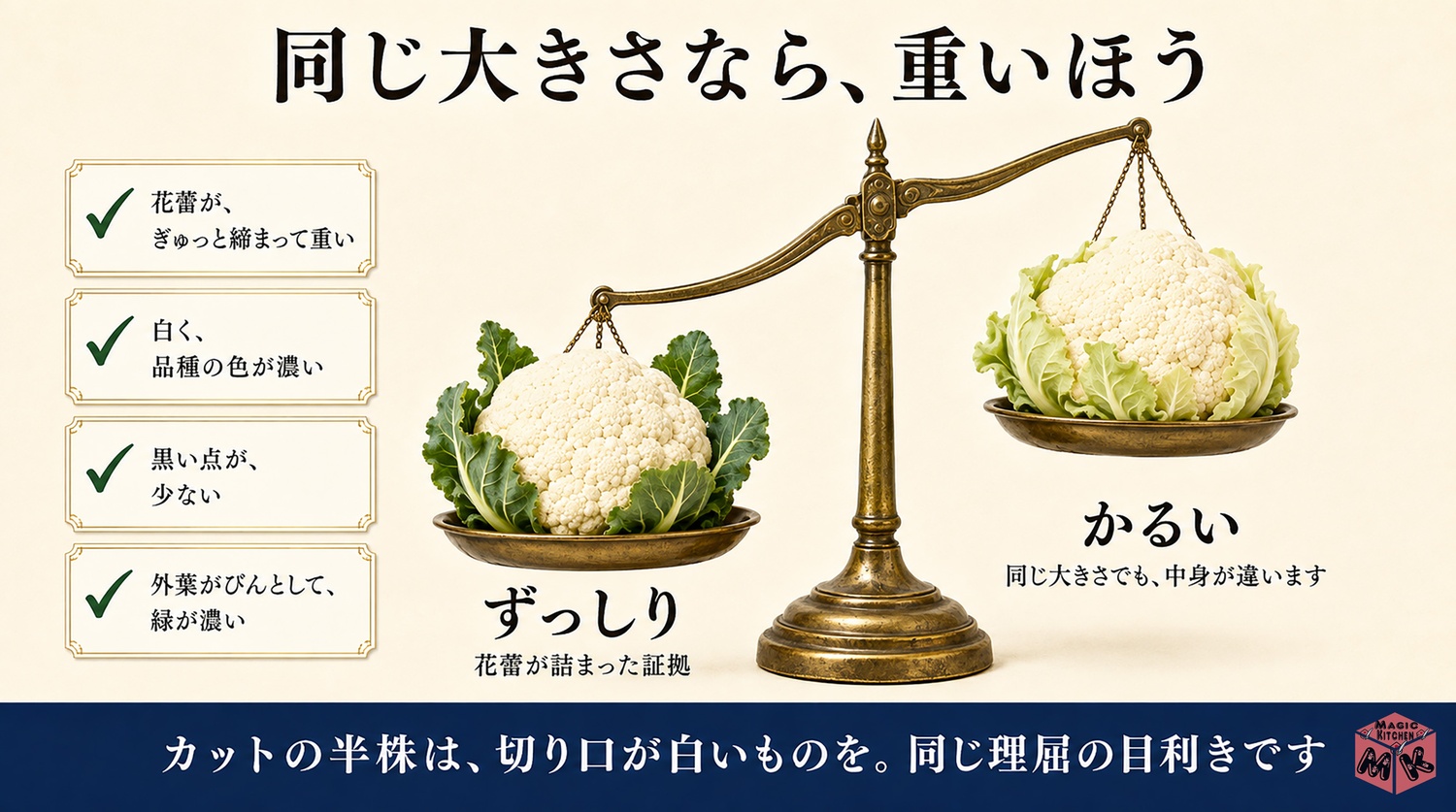 カリフラワーは花蕾が締まって重く外葉が緑という目利きの図解