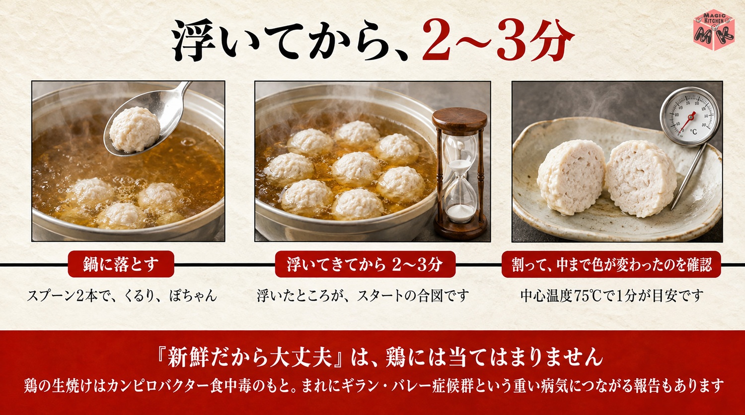 鶏団子は浮いてから2〜3分で割って中まで色を確かめる加熱の図解