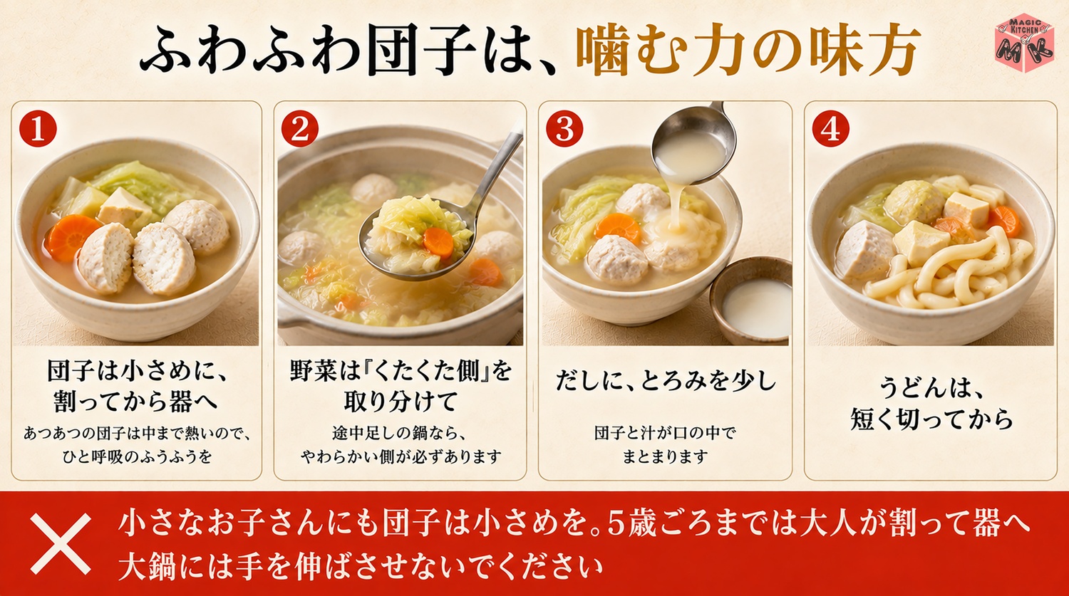 高齢の方には団子を小さめに割ってとろみをつける介護の図解
