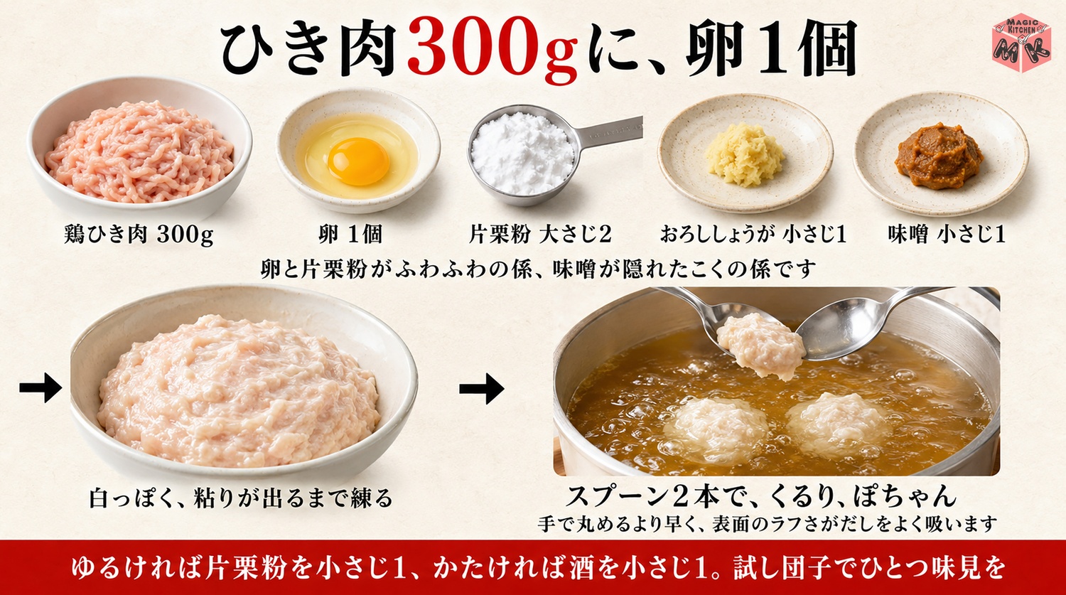ふわふわ鶏団子の黄金比と加熱の合図の図解