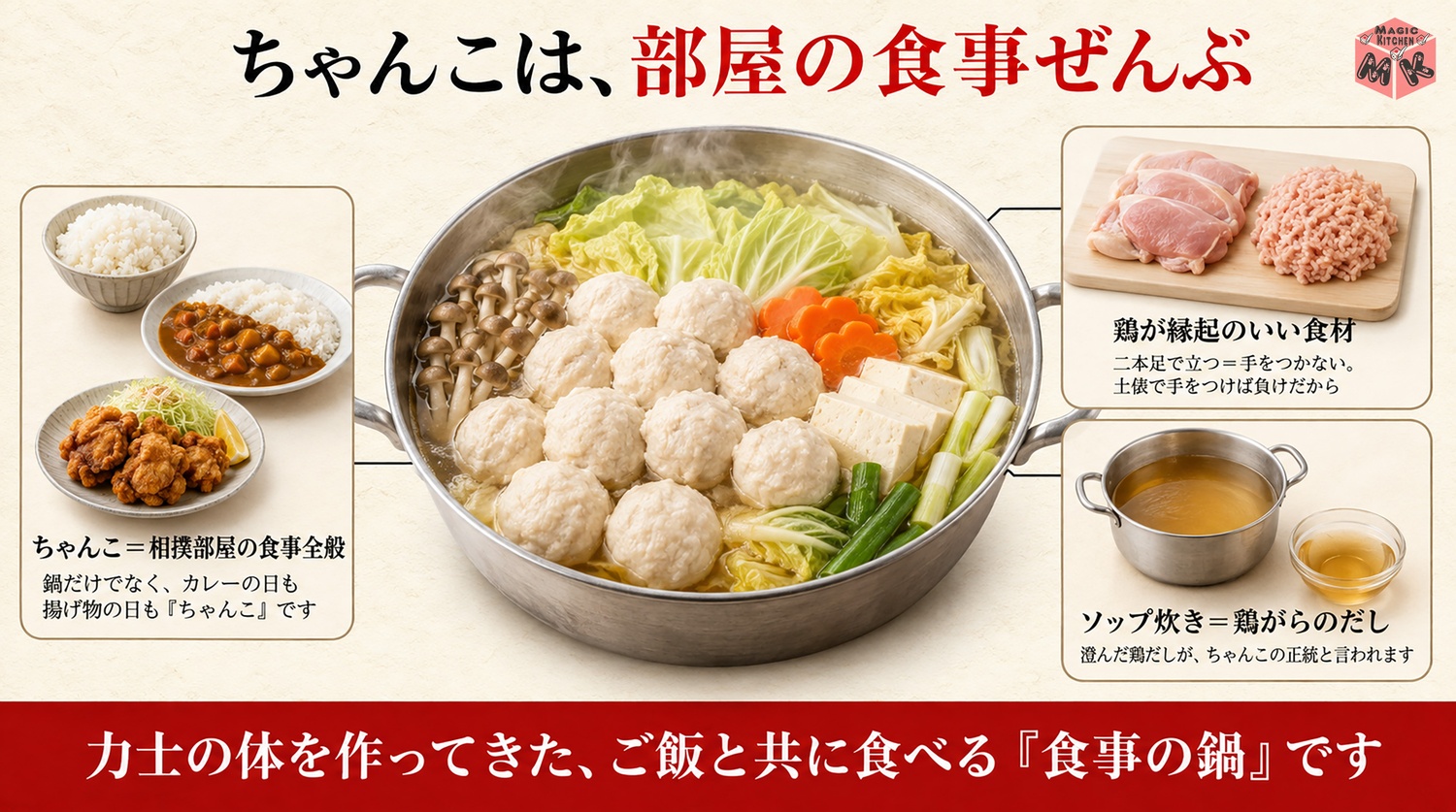 ちゃんこは力士の食事全般で鶏が縁起という図解