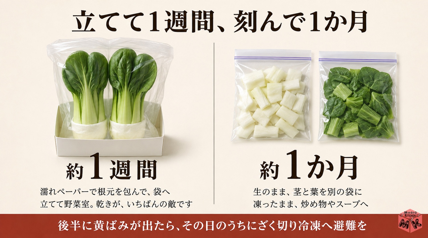 チンゲン菜の保存期間早見表の図解