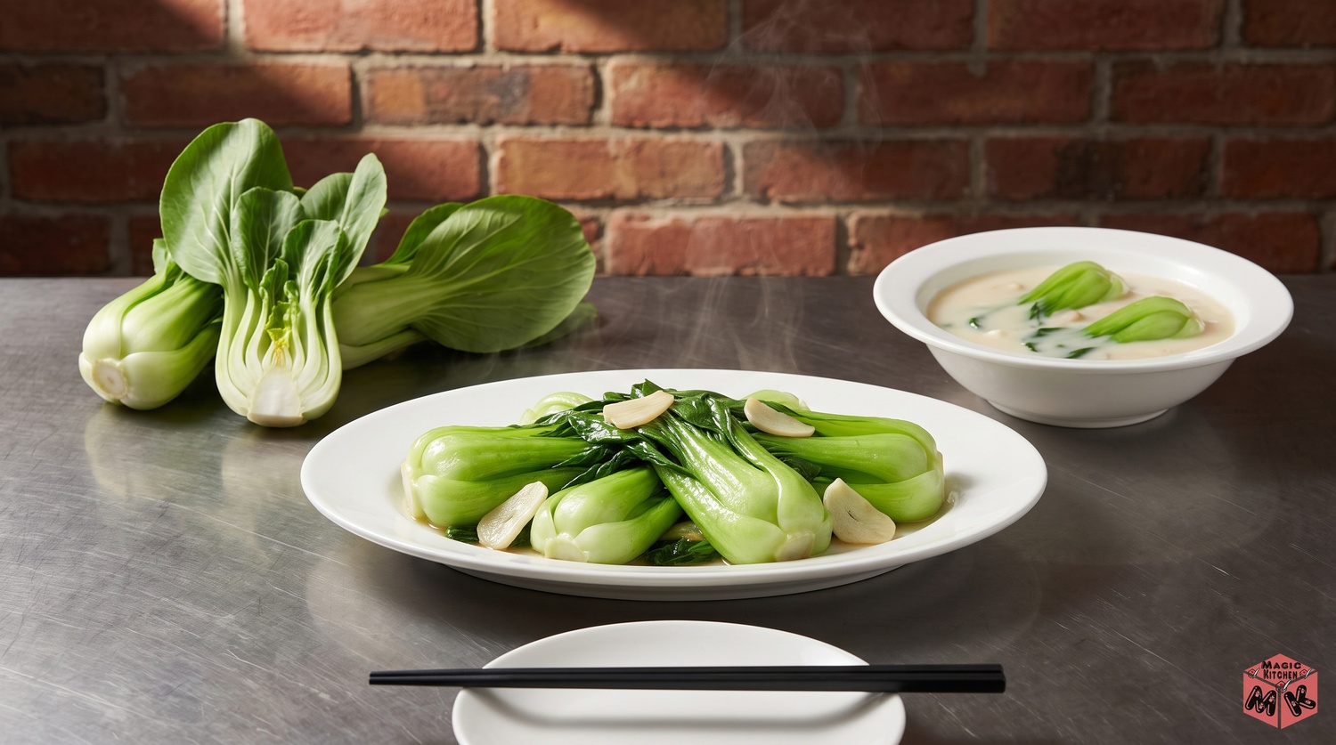 チンゲン菜の株と炒めとクリーム煮の食卓イメージ