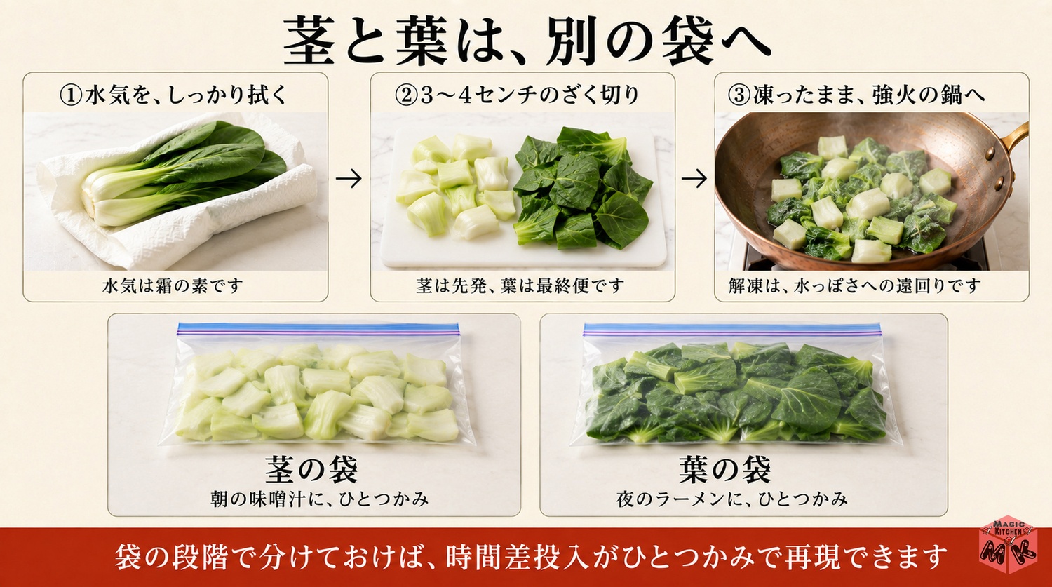 チンゲン菜を茎と葉に分けてざく切り冷凍する工程図