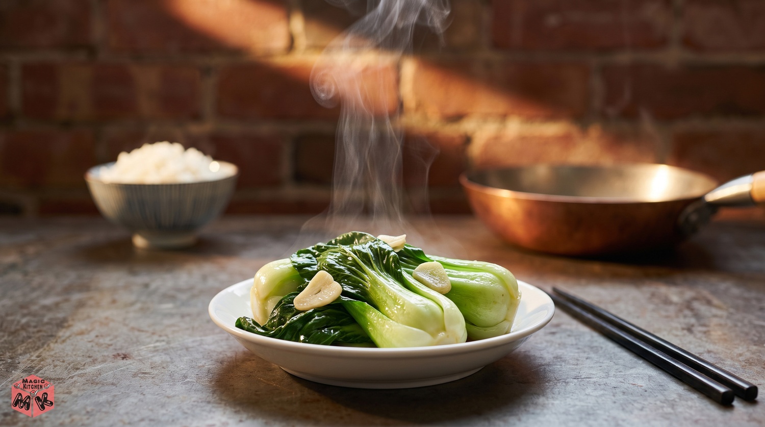 チンゲン菜の青菜炒めと家族の食卓イメージ