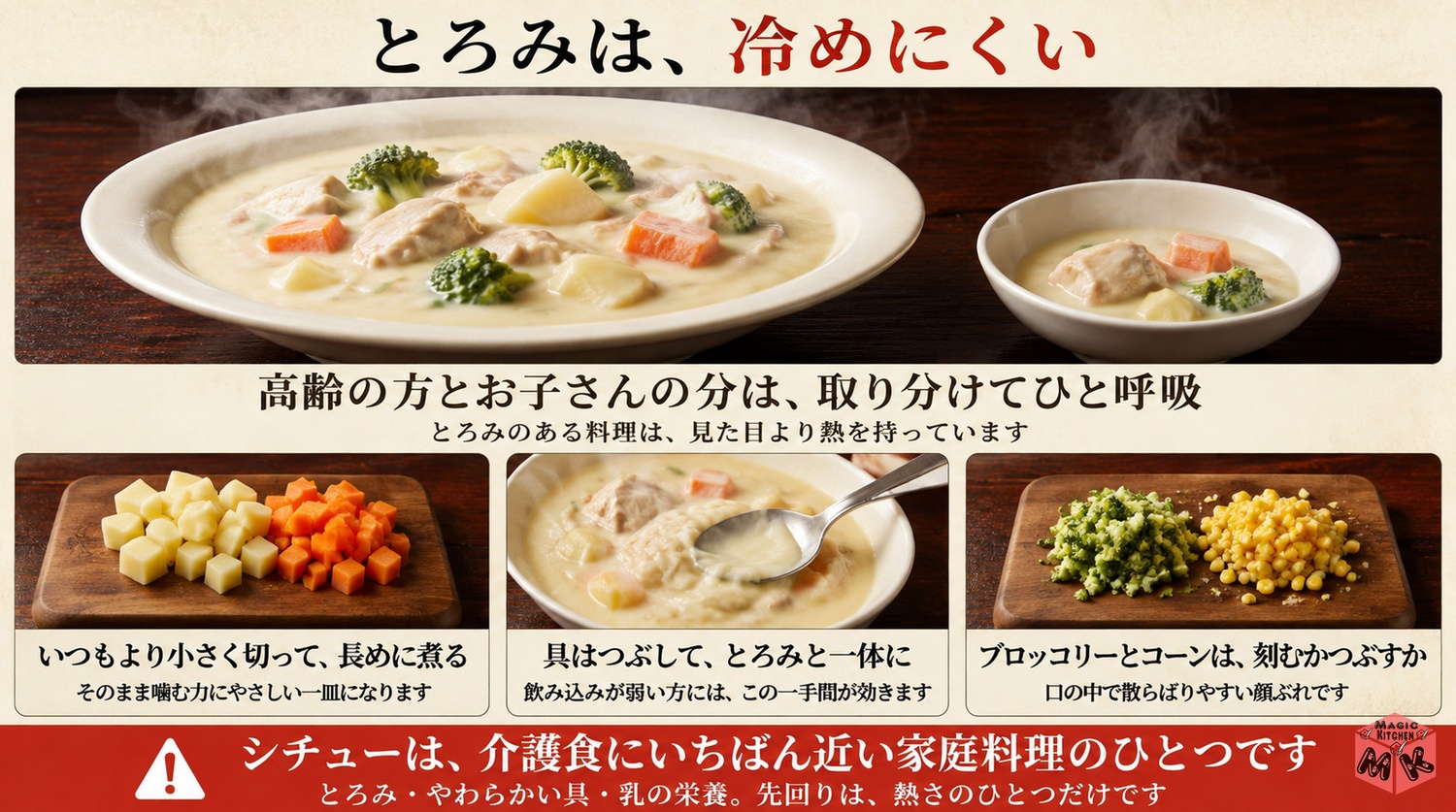 シチューは介護食の入り口で熱さだけ取り分けてひと呼吸する介護の図解