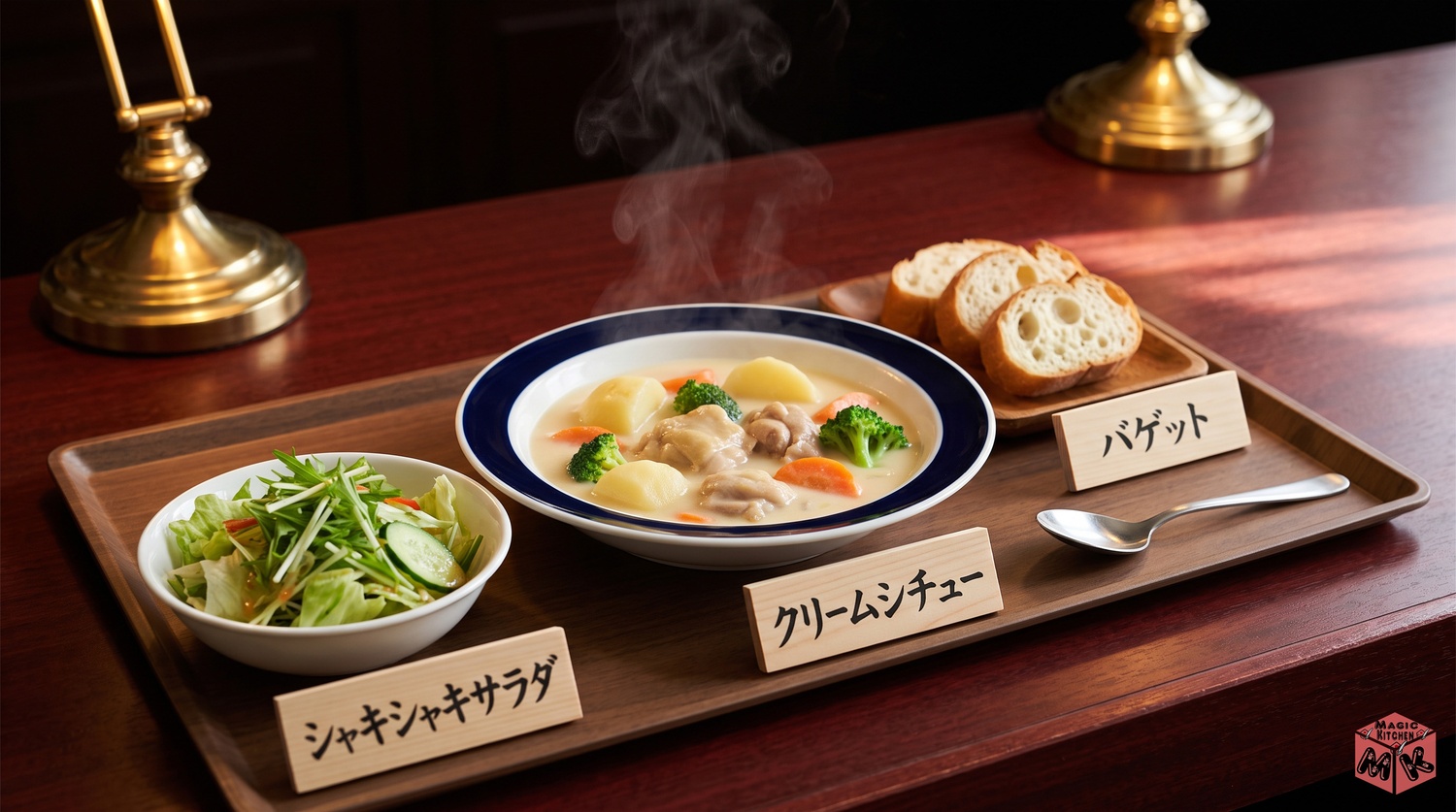クリームシチューとシャキシャキサラダとバゲットの献立例Aの完成イメージ