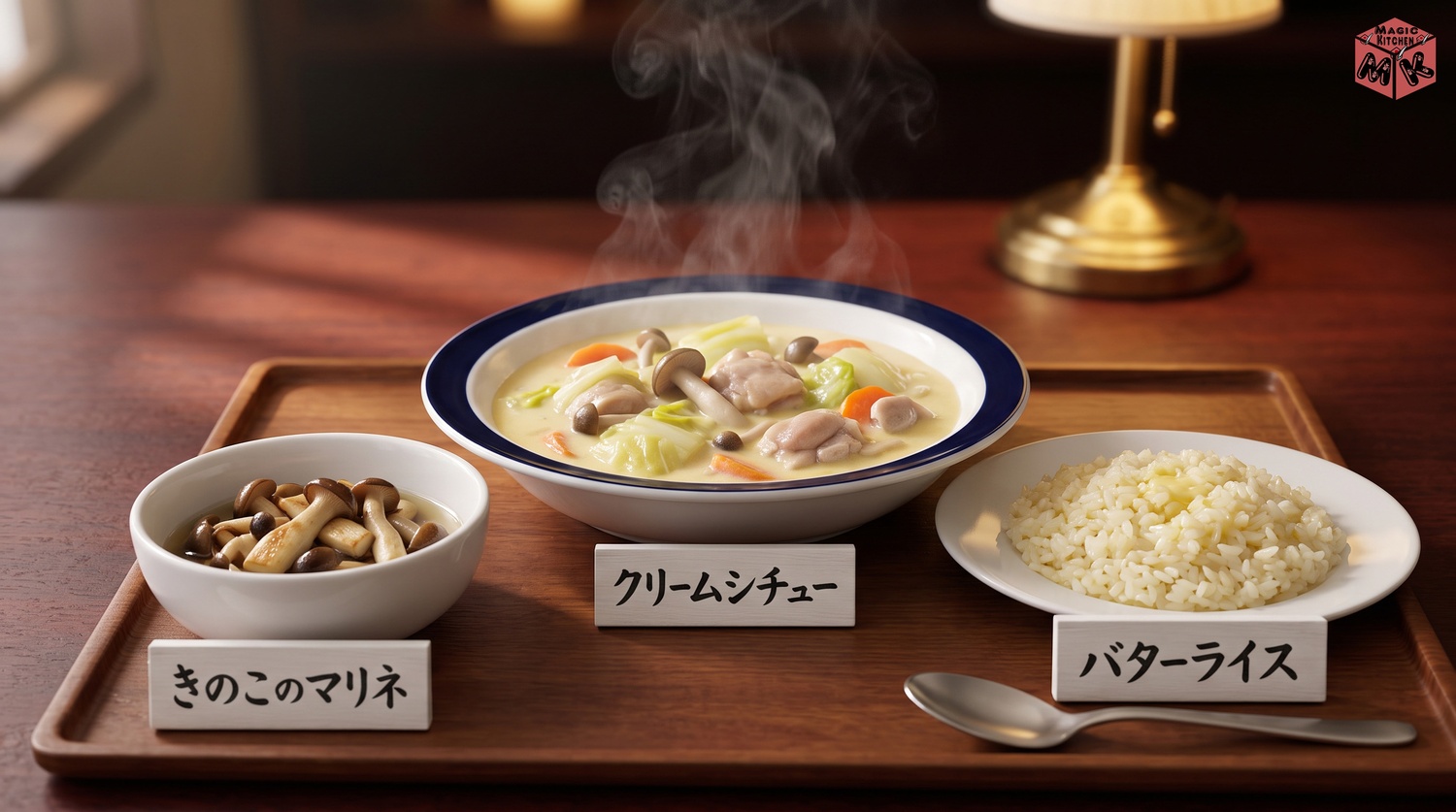 クリームシチューときのこマリネとバターライスの献立例Bの完成イメージ