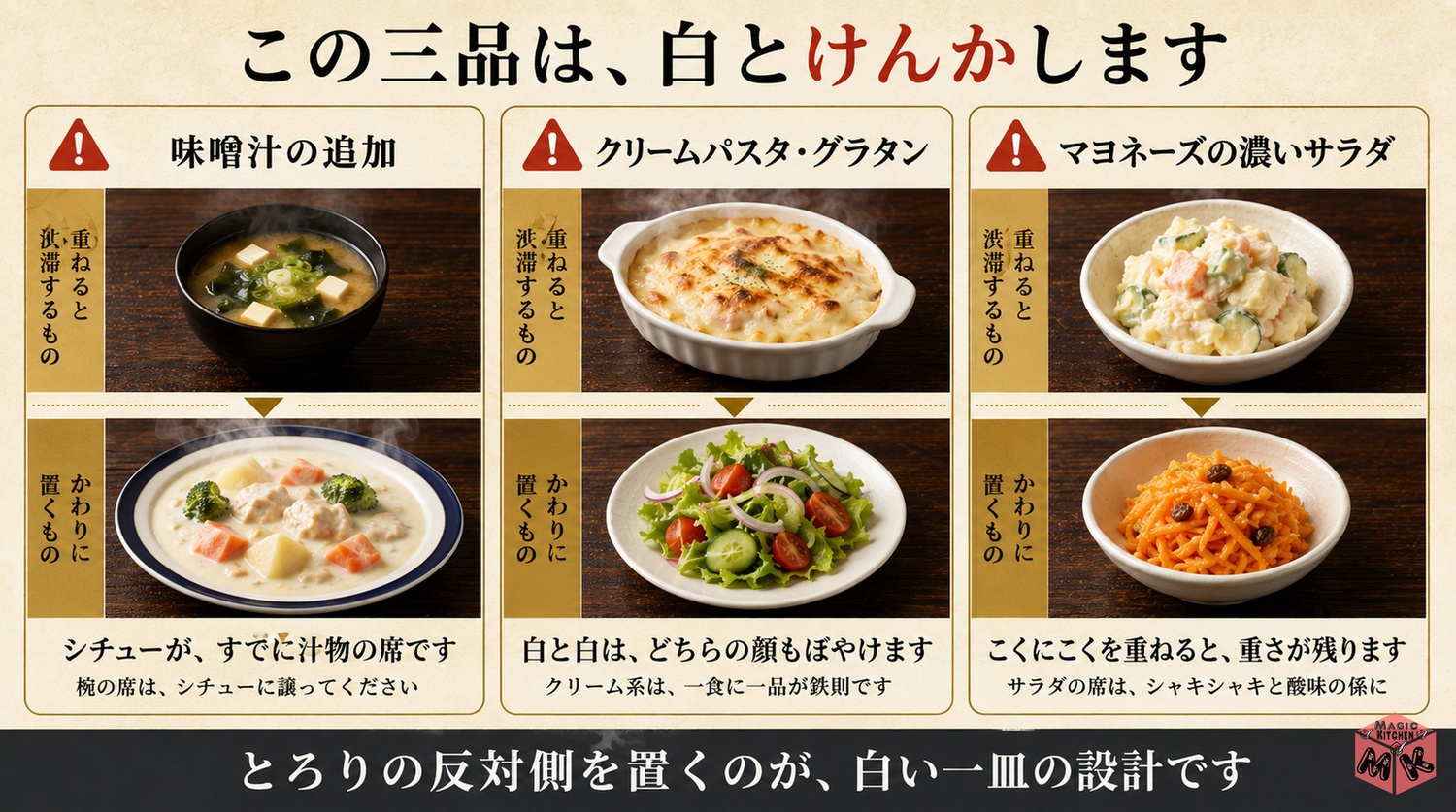 クリームシチュー献立のNG組み合わせ3選の対比図
