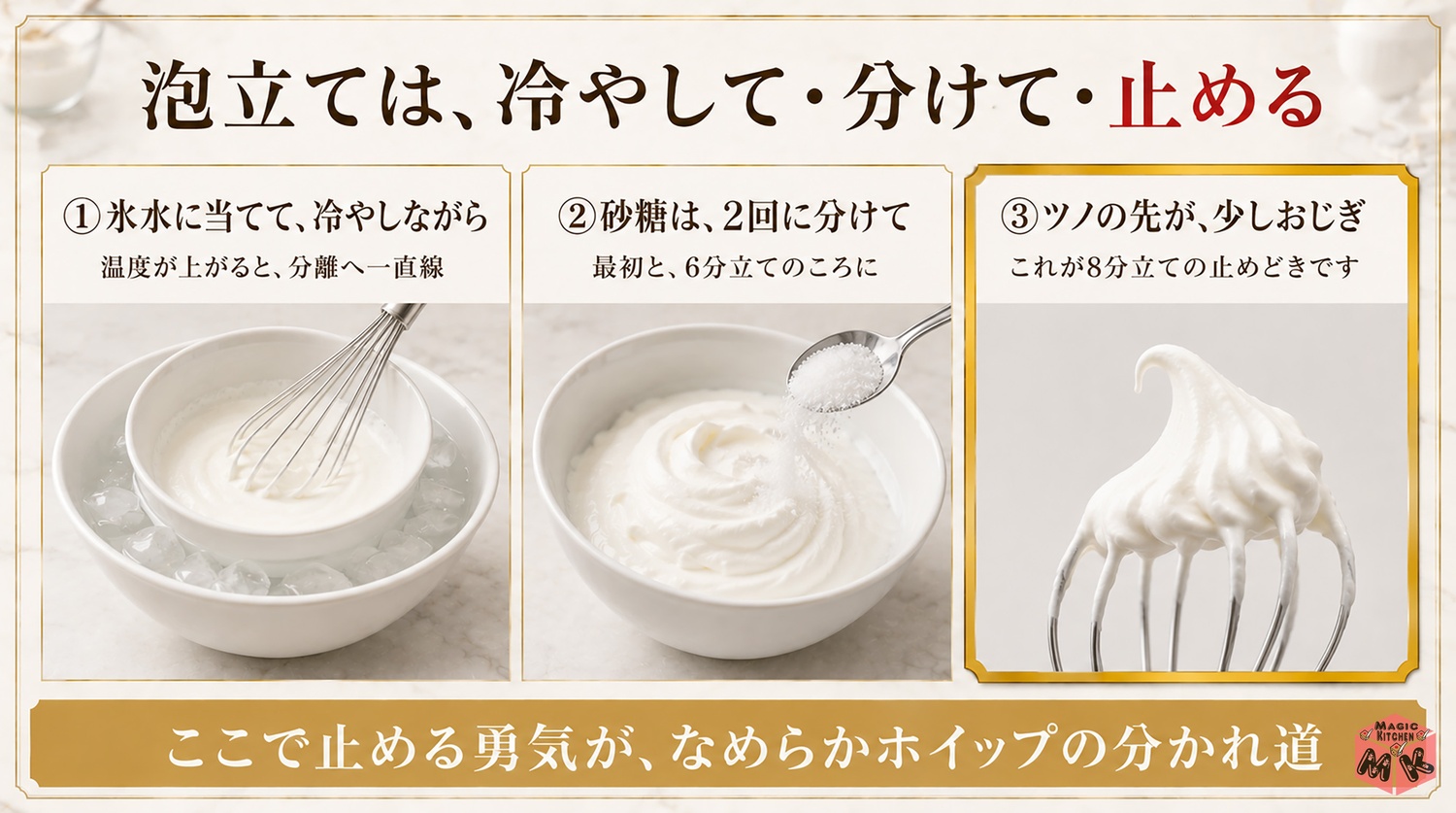 生クリームの泡立てのコツ(氷水で冷やす・砂糖は2回・8分立てで止める)の図解