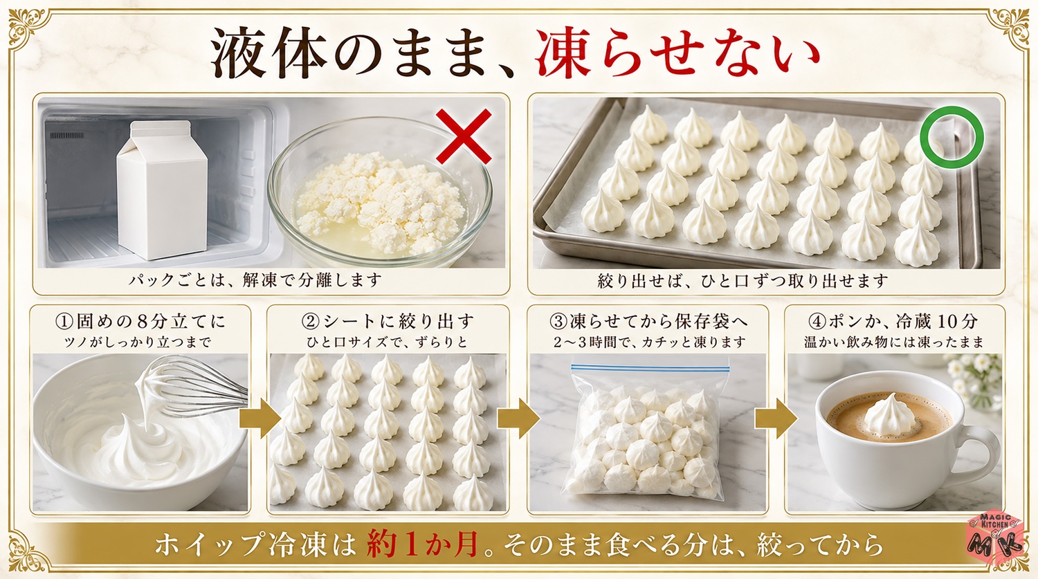 生クリームを絞り出してホイップ冷凍する方法の図解