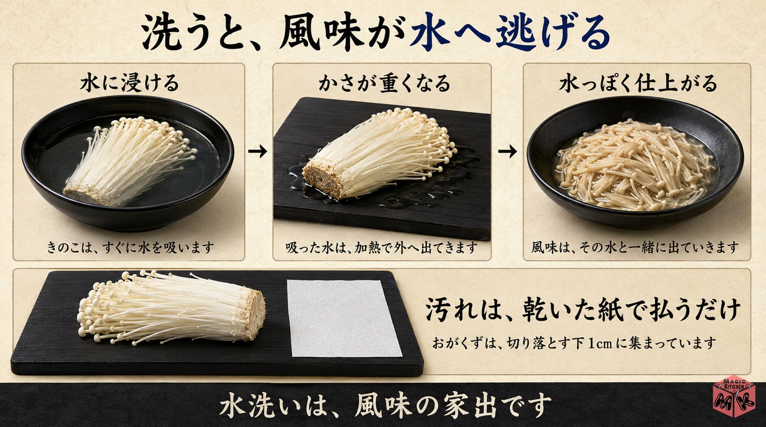 きのこは水を吸うと風味が逃げるので洗わずペーパーで払う図解