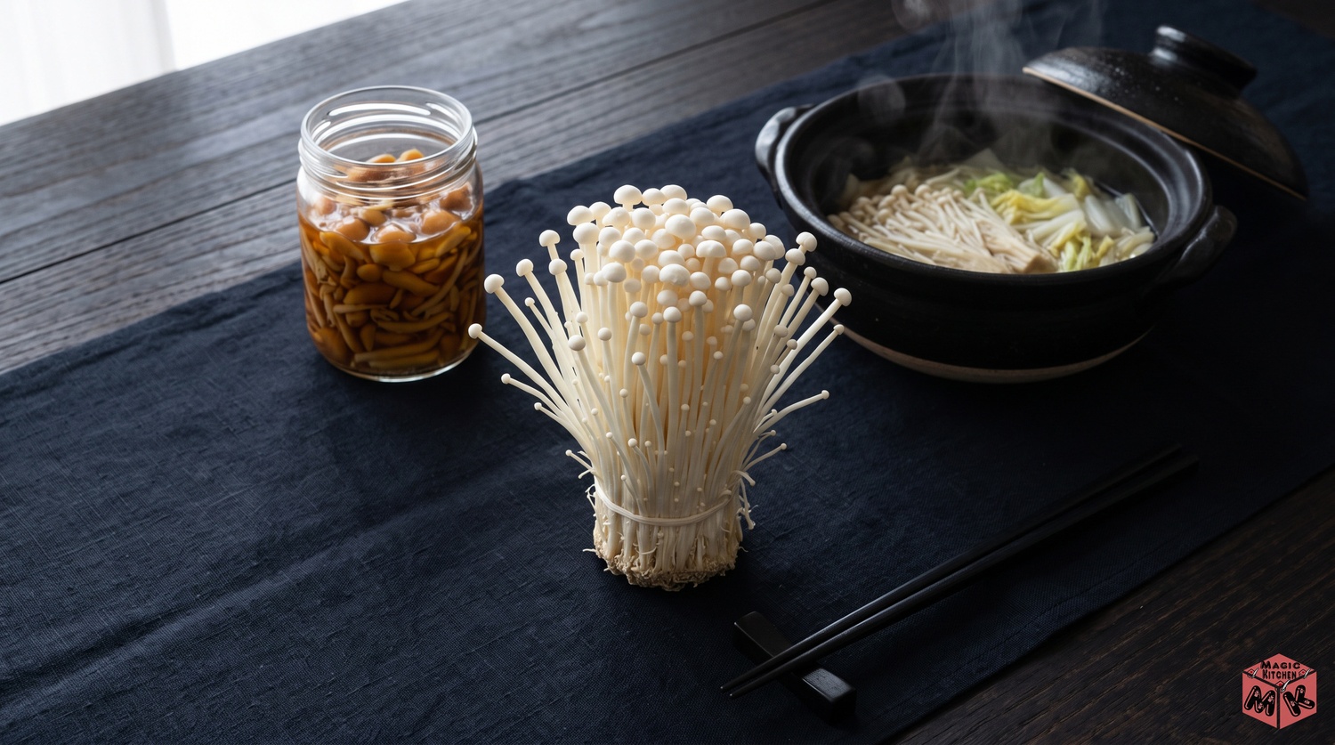 えのきの株となめたけの瓶と鍋の食卓イメージ